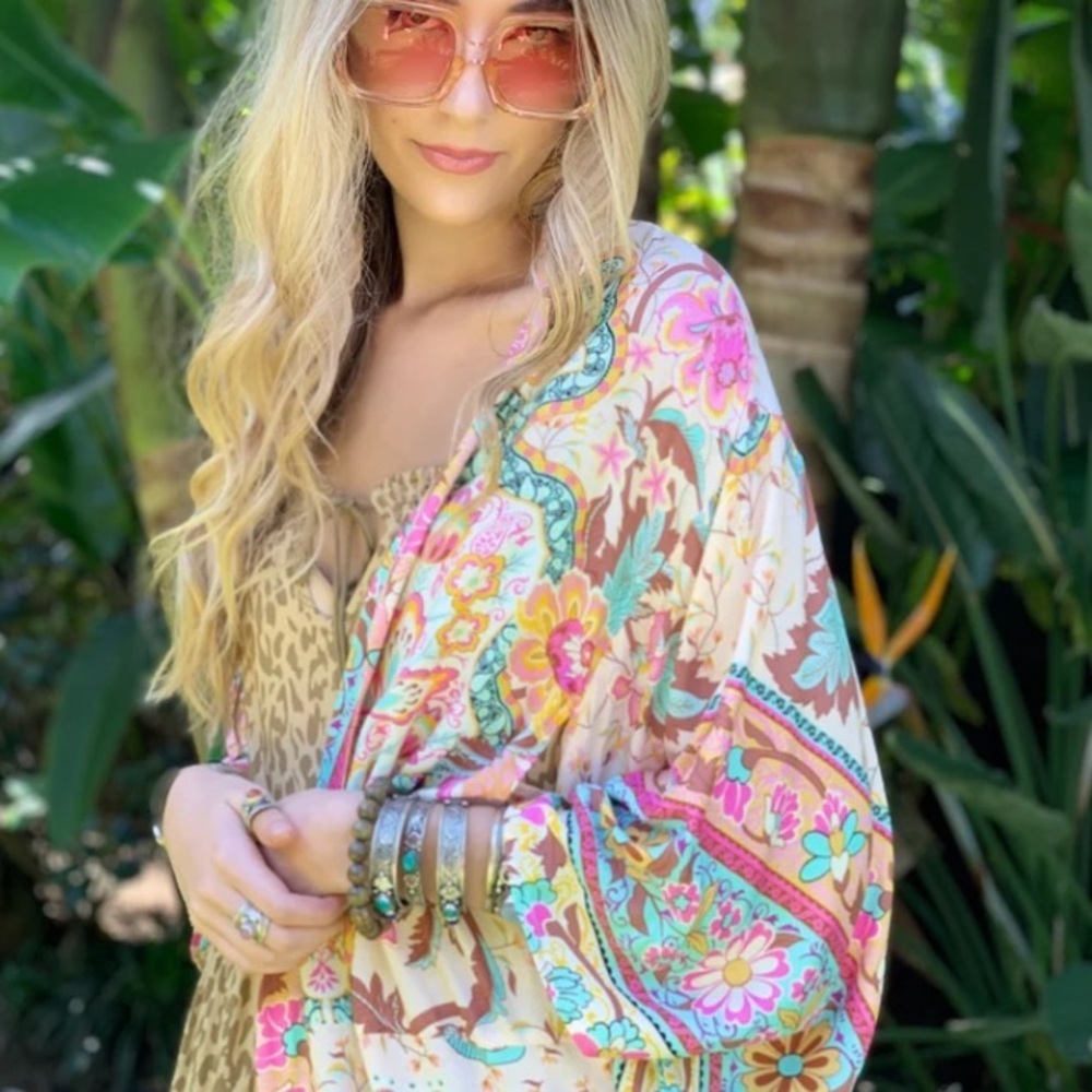 Vibrant Peacock Floral Kimono Duster Robe